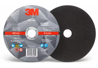 Disco de corte plateado 3M, 87469, T1, 6 pulg. x 0,045 pulg. x 7/8 pulg.