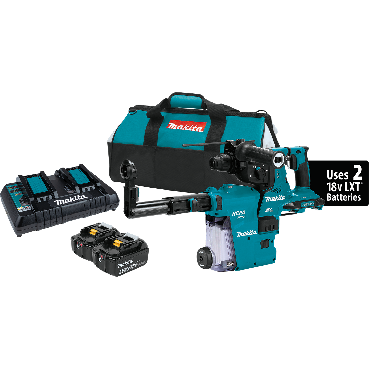 Kit de martillo rotativo LXT® de 36 V (18 V x 2) sin escobillas, AVT® de 1‑1/8", SDS‑PLUS, con extractor de polvo HEPA, AFT®, compatible con AWS® (5,0 Ah)