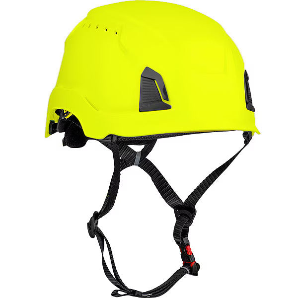 Vented, Industrial Climbing Helmet with Mips Technology, ABS Shell, EPS Foam Impact Liner, HDPE Suspension, Wheel Ratchet Adjustment and 4-Point Chin Strap, HiVis Yellow