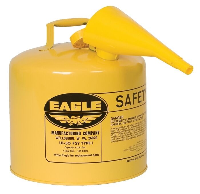 Bidón de seguridad Eagle Yellow de 5 galones con embudo