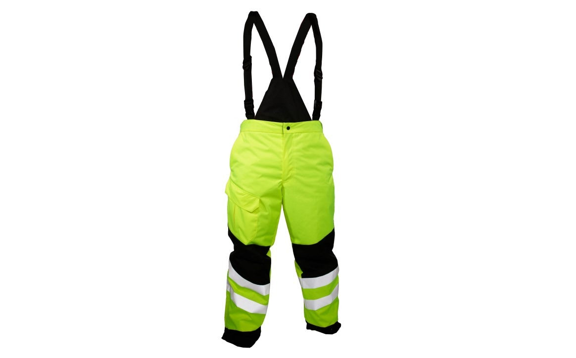 Pantalón aislante color lima con bandas reflectantes y tirantes extraíbles. 3X