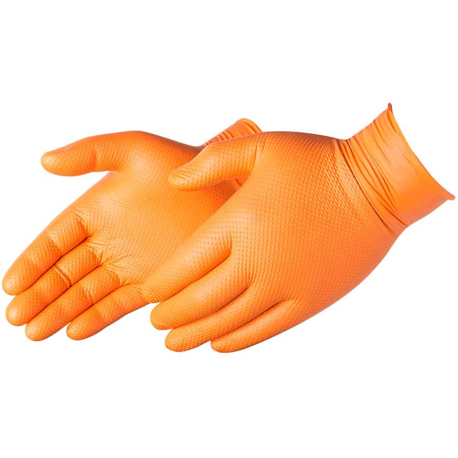 Guantes desechables de nitrilo naranja de 8 milésimas de pulgada con agarre de diamante en relieve. Sin polvo, de grado industrial; 100 guantes/caja; 2 unidades