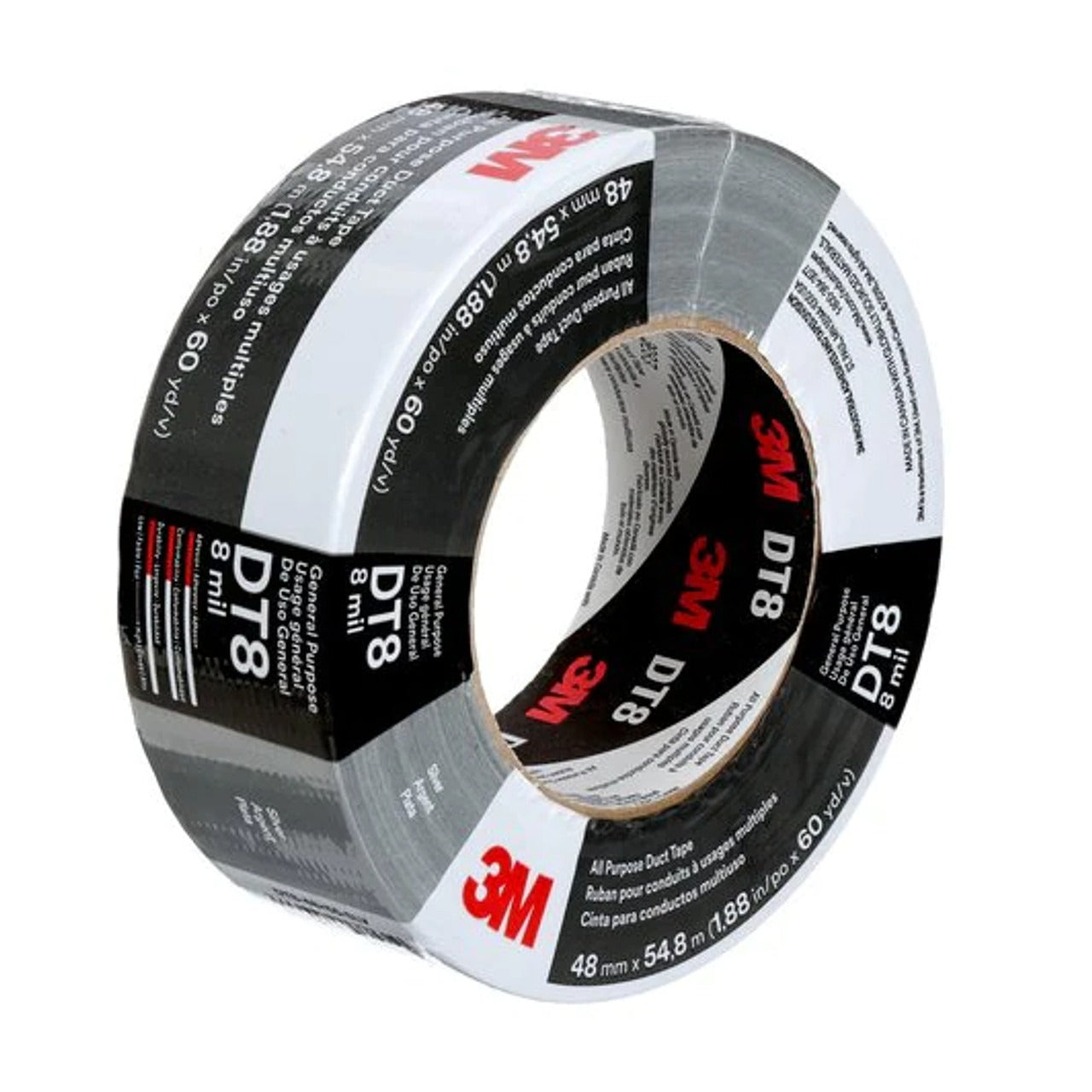 3M All Purpose Duct Tape, DT8, Silver, 48mm x 54.8 m, 8 mil, 24 Roll/Case
