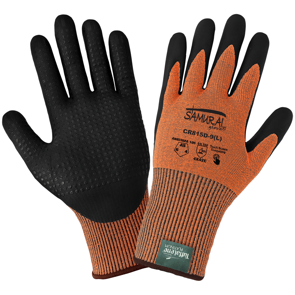 Guantes Samurai Glove de alta visibilidad A5 resistentes a cortes, recubiertos para pantalla táctil, fabricados con Tuffalene Platinum de calibre 15; tamaño grande