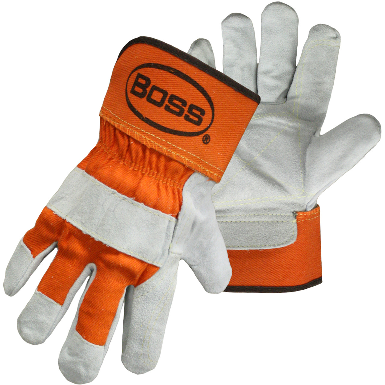 Premium Grade Split Cowhide Leather Double Palm Glove with Fabric Back and Aramid Stitching - Rubberized Safety Cuff; Large