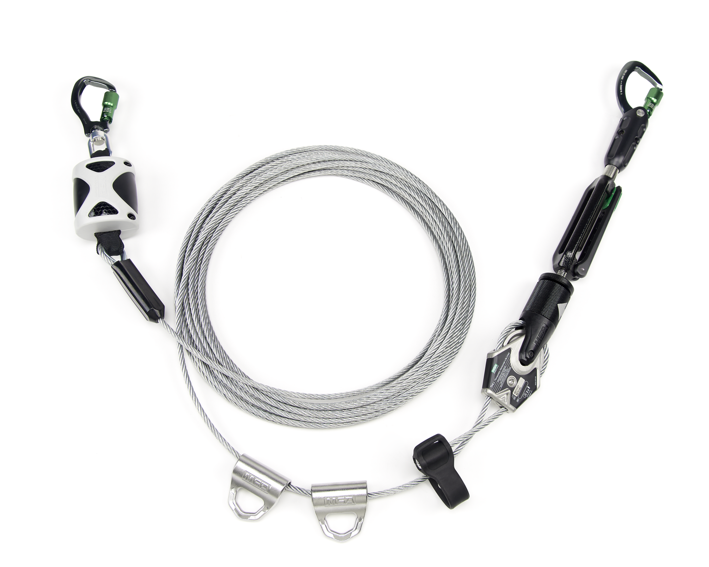 Línea de vida horizontal de cable temporal MSA para 2 trabajadores, 100 pies con lanzaderas de derivación