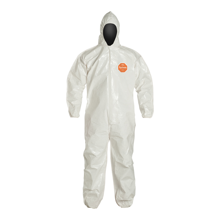 Tychem 4000 Coverall, Bound Seams, Attached Hood, Elastic Wrist and Ankles, Zipper Front, Storm Flap, White, 4X-Large
