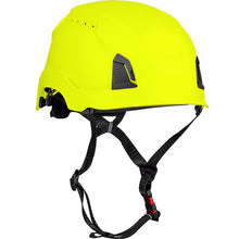 Casco de escalada industrial ventilado con tecnología MIPS, carcasa de ABS, forro de espuma EPS resistente a impactos, suspensión de HDPE, ajuste de trinquete con rueda y mentonera de 4 puntos, amarillo de alta visibilidad.