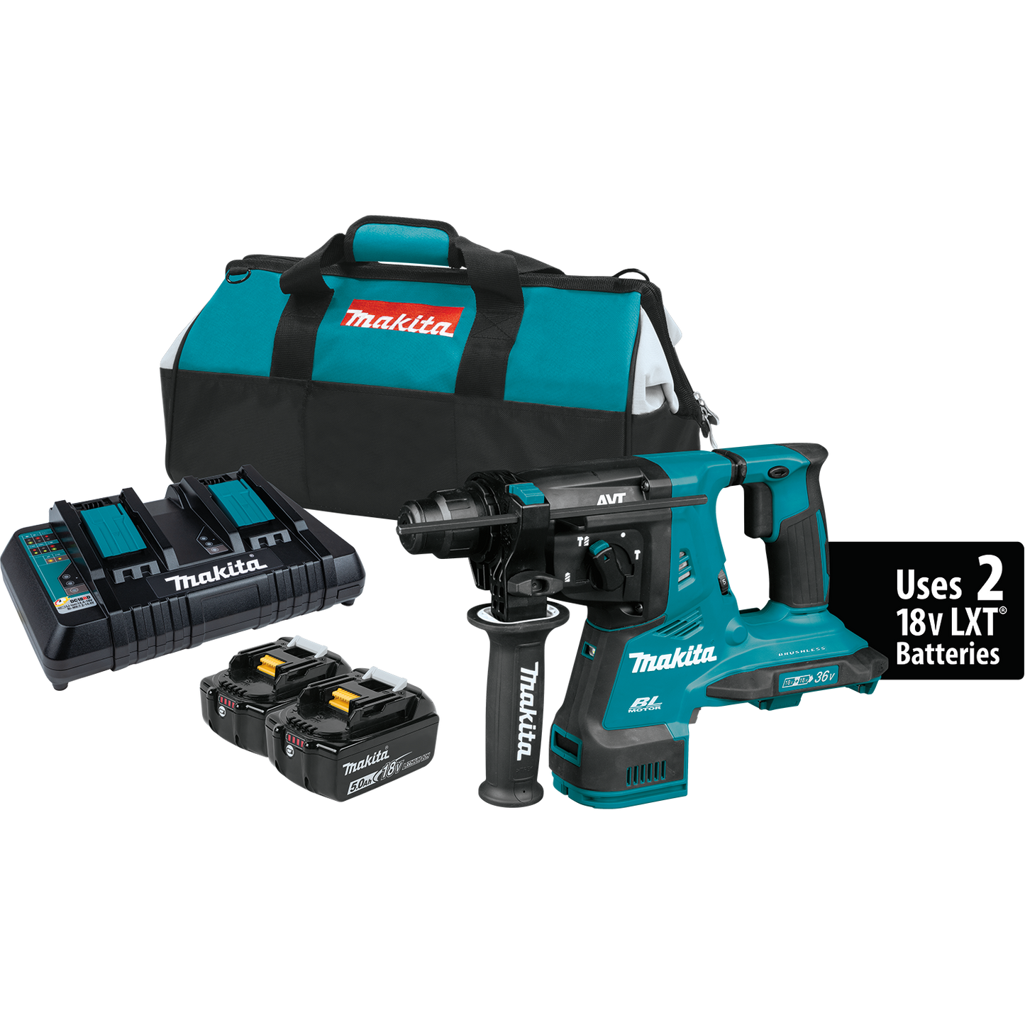 Kit de martillo rotativo AVT® de 1-1/8" sin escobillas LXT® de 36 V (18 V x 2), acepta brocas SDS-PLUS (5,0 Ah)