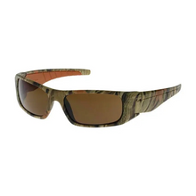 Gafas de seguridad de montura completa con marco de camuflaje, lentes marrones y revestimiento antirayaduras y antivaho.