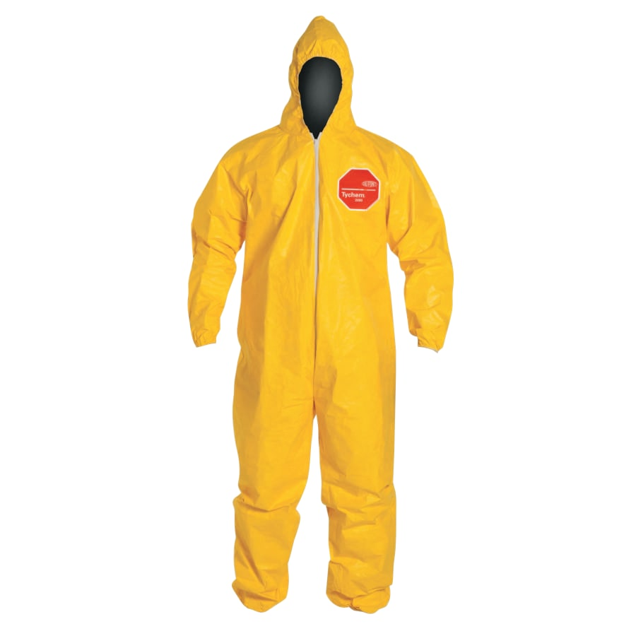 Tychem® 2000 Coverall, Serged Seams, Attached Hood, Elastic Wrists and Ankles, Zipper Front, Storm Flap, Yellow, 4X-Large