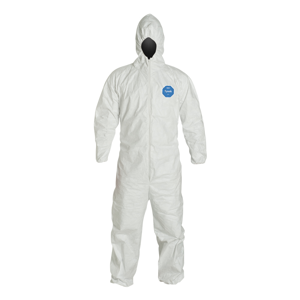 Tyvek® 400 Coveralls, Serged Seams, Attached Hood, Elas Waist, Elas Wrists/Ankles, Front Zip, Storm Flap, WH, 4XL, Std